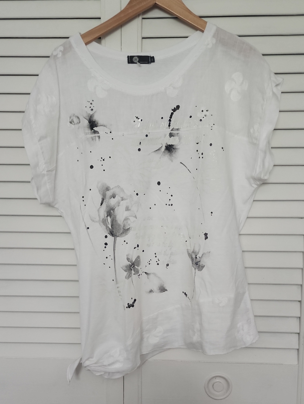 JM Collection White Short Sleeve Top with Black Floral Wash